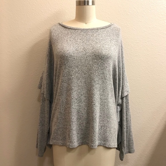Soft Knit Sweater With Ruffle Arms In Heather Grey - Picture 1 of 8